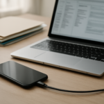 HP tersambung ke laptop dengan kabel USB untuk backup data