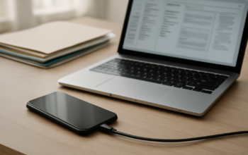 HP tersambung ke laptop dengan kabel USB untuk backup data