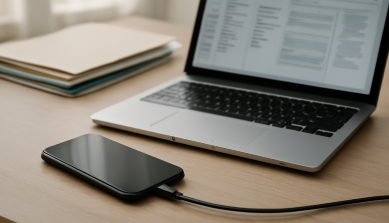 HP tersambung ke laptop dengan kabel USB untuk backup data
