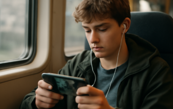 Seseorang menonton video di HP saat berada di kereta untuk menghemat kuota dengan tontonan offline