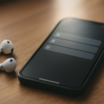 Ponsel dengan notifikasi senyap di atas meja kayu ditemani earbuds nirkabel