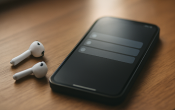 Ponsel dengan notifikasi senyap di atas meja kayu ditemani earbuds nirkabel