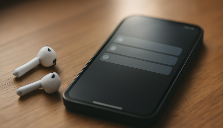 Ponsel dengan notifikasi senyap di atas meja kayu ditemani earbuds nirkabel