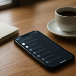 HP di atas meja dengan layar menampilkan grup chat komunitas dan pengaturan hemat baterai