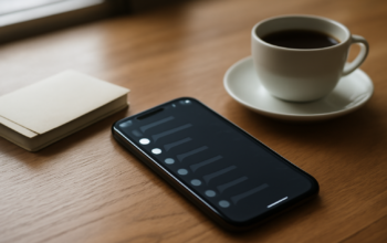 HP di atas meja dengan layar menampilkan grup chat komunitas dan pengaturan hemat baterai