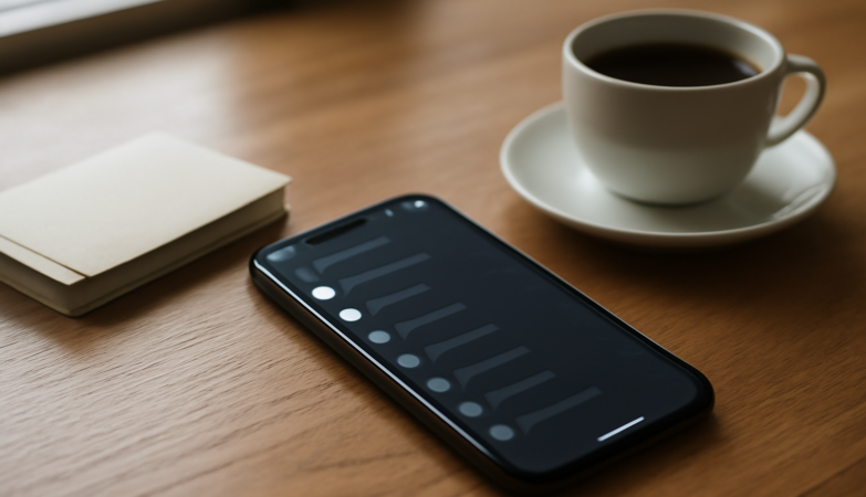 HP di atas meja dengan layar menampilkan grup chat komunitas dan pengaturan hemat baterai