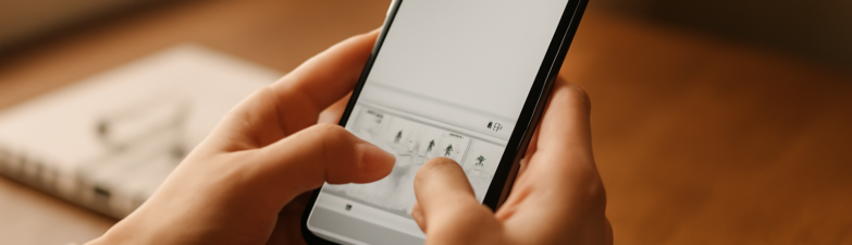 Tangan memegang HP sedang menulis unggahan di aplikasi komunitas mobile