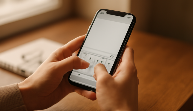 Tangan memegang HP sedang menulis unggahan di aplikasi komunitas mobile
