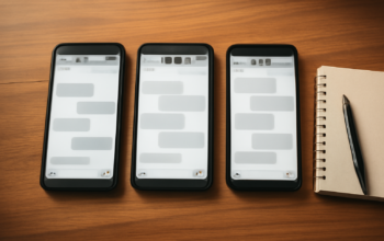 Tiga ponsel di atas meja memperlihatkan antarmuka aplikasi chat komunitas yang berbeda