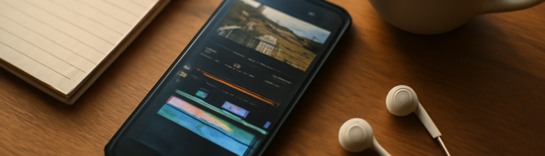 Smartphone di atas meja kayu untuk mengedit video dengan aplikasi di hp