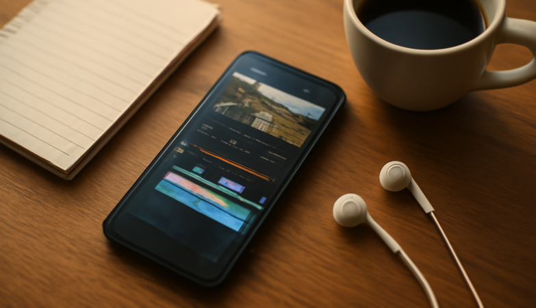 Smartphone di atas meja kayu untuk mengedit video dengan aplikasi di hp